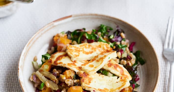 Warm halloumi, spelt and roast seasonal veg salad