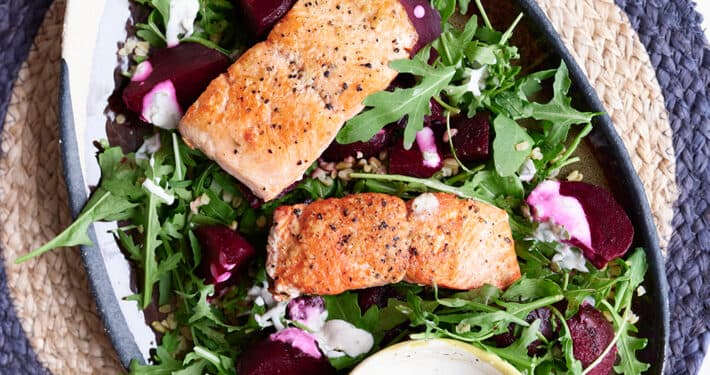 Warm salmon, beetroot and freekeh salad